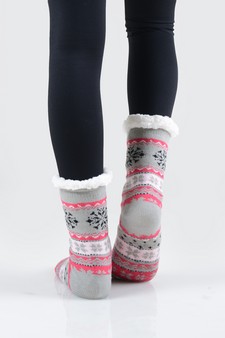 Women's Non-slip Faux Sherpa Snowflake Argyle Slipper Socks style 13