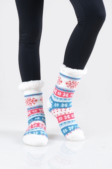 Women's Non-slip Faux Sherpa Snowflake Argyle Slipper Socks style 14
