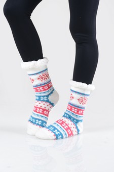 Women's Non-slip Faux Sherpa Snowflake Argyle Slipper Socks style 15
