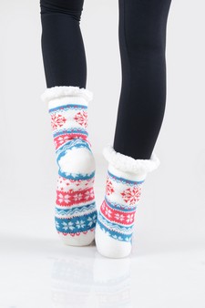 Women's Non-slip Faux Sherpa Snowflake Argyle Slipper Socks style 16