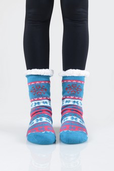 Women's Non-slip Faux Sherpa Snowflake Argyle Slipper Socks style 17