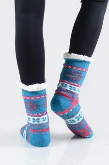 Women's Non-slip Faux Sherpa Snowflake Argyle Slipper Socks style 18
