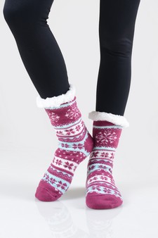 Women's Non-slip Faux Sherpa Snowflake Argyle Slipper Socks style 2