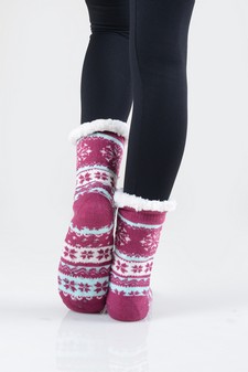 Women's Non-slip Faux Sherpa Snowflake Argyle Slipper Socks style 4