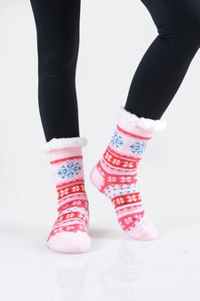 Women's Non-slip Faux Sherpa Snowflake Argyle Slipper Socks style 5