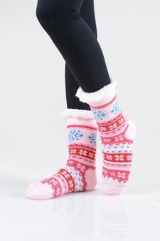 Women's Non-slip Faux Sherpa Snowflake Argyle Slipper Socks style 6