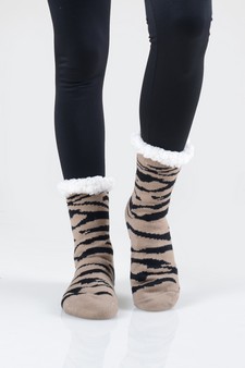 Women's Non-slip Faux Sherpa Tiger Striped Christmas Slipper Socks style 16