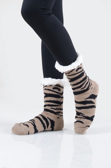 Women's Non-slip Faux Sherpa Tiger Striped Christmas Slipper Socks style 17