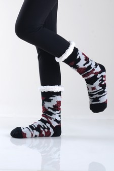 Women's Non-slip Camo Print Faux Sherpa Christmas Slipper Socks style 3