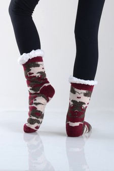 Women's Non-slip Camo Print Faux Sherpa Christmas Slipper Socks style 5