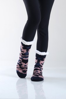 Women's Non-slip Camo Print Faux Sherpa Christmas Slipper Socks style 7