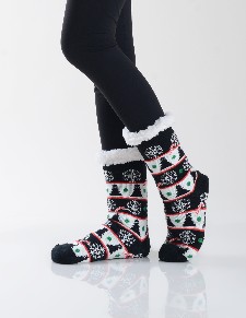 Women's Non-slip Christmas Tree Print Faux Sherpa Slipper Socks style 3