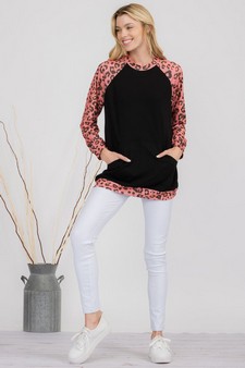 Women’s Contrast Pink Cheetah French Terry Long Sleeve Top style 4