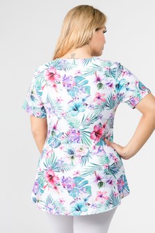 Women's Short Sleeve Tropical Floral Print Tunic Top style 3