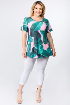 Women's Short Sleeve Palm Leaf Print Tunic Top style 4