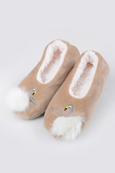 Women's Embroidered Swan Faux Sherpa Lined Slippers style 4