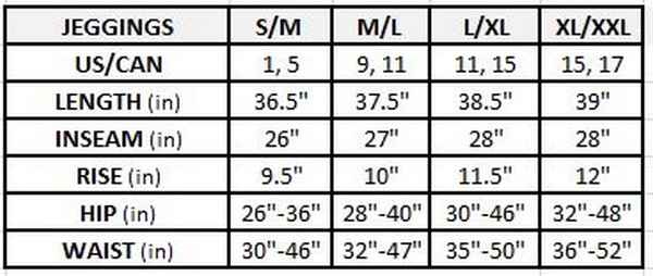 Jeggings Size Chart