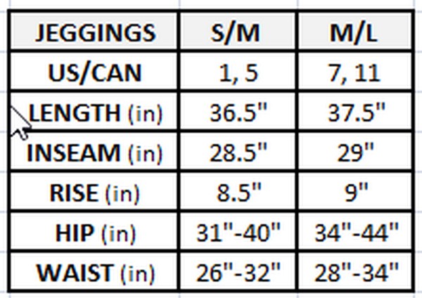 Jeggings Size Chart