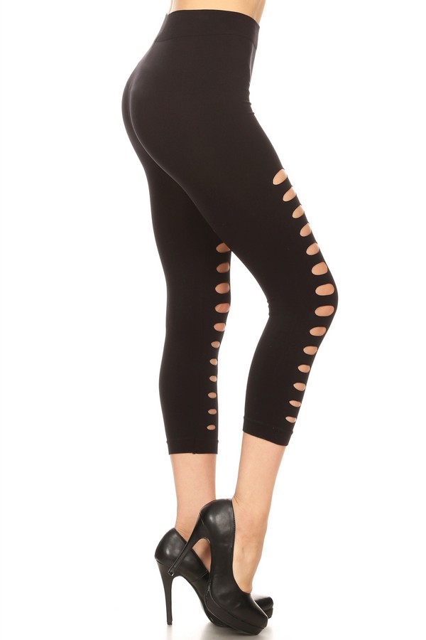 Lady's Cut Out Distressed Capri Leggings - Wholesale - Yelete.com