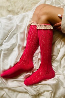 Women's Crochet Trim Ric-Rack Knit Knee High Socks