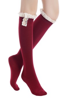 Solid Vintage style knee high sock with crochet lace