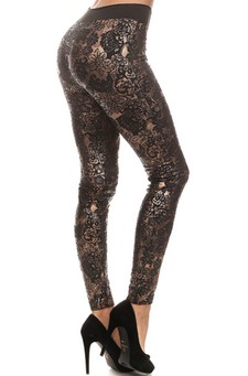 Women's Metallic Floral Accent Fleece Lined Leggings