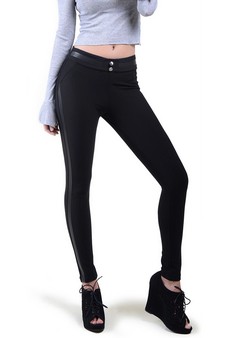 Faux Leather Side Stripe Slim Black Pants