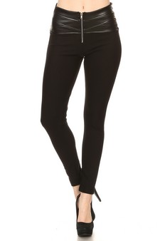 Front Zipper Faux Leather Waist Ponte Pants