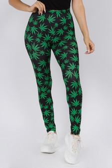 Women's High Rise Marijuana Leaf Print Peach Skin Leggings