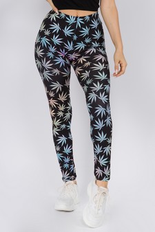 Women's Rainbow Marijuana Leaf Print Peach Skin Leggings