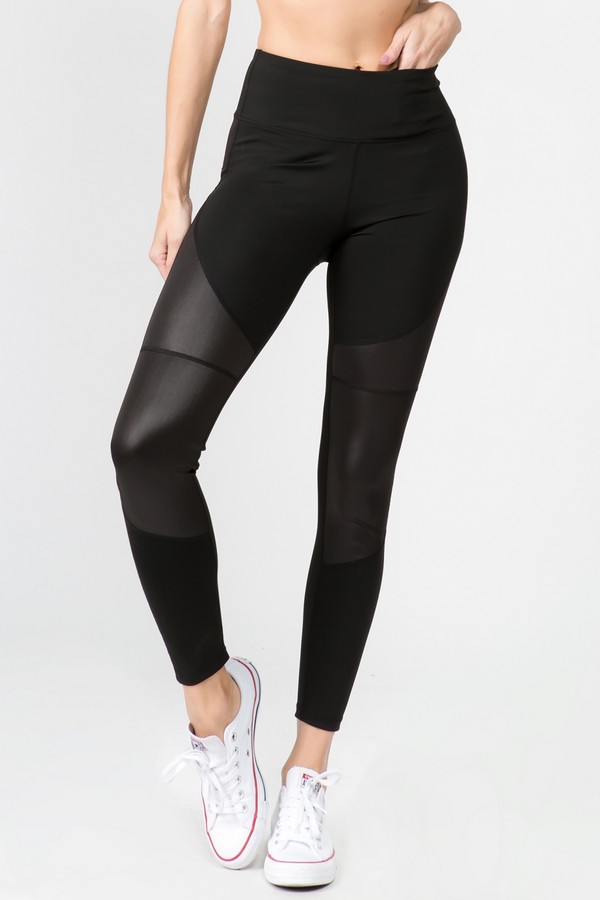 Women's Faux Leather Detail Activewear Leggings - Wholesale 