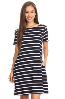 Striped Short Sleeve Tunic T-Shirt Dress w/ Pockets