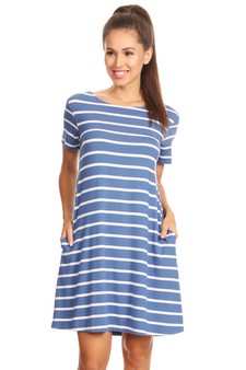 Striped Short Sleeve Tunic T-Shirt Dress w/ Pockets