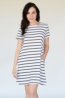 Striped Short Sleeve Tunic T-Shirt Dress w/ Pockets style 2