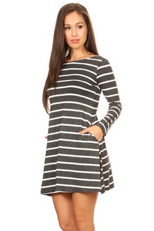 Women's Striped Long Sleeve Dress with back V-Drop and Pockets