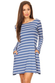 Women's Striped Long Sleeve Dress with back V-Drop and Pockets