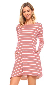 Women's Striped Long Sleeve Dress with back V-Drop and Pockets