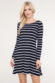 Women's Striped Long Sleeve Dress with back V-Drop and Pockets