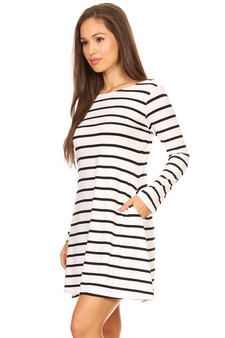 Women's Striped Long Sleeve Dress with back V-Drop and Pockets