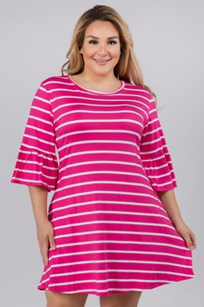 Women's Ruffled 3/4 Sleeve Striped Dress -  PLUS SIZE