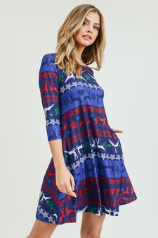 Women's Fair Isle Reindeer Print A-Line Dress