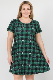 Women's Plaid Clover Print Dress with Pockets