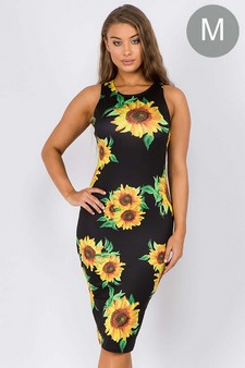 Women's Crew Neck Sunflower Bodycon Midi Dress (Medium only)