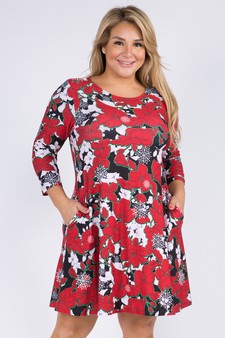 Women's Snowflake & Poinsettia Print 3/4 Sleeve Dress