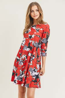 Women's Snowflake & Poinsettia Print 3/4 Sleeve Dress