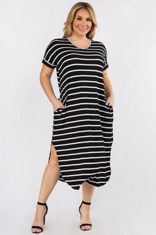 Women's Striped Curved Hem Midi Dress with Pockets