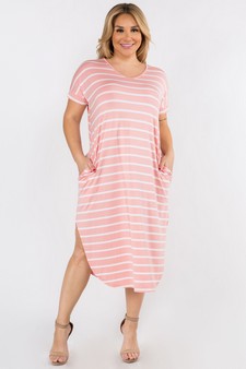 Women's Striped Curved Hem Midi Dress with Pockets