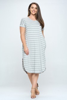 Women's Striped Curved Hem Midi Dress with Pockets