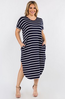 Women's Striped Curved Hem Midi Dress with Pockets