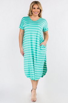 Women's Striped Curved Hem Midi Dress with Pockets